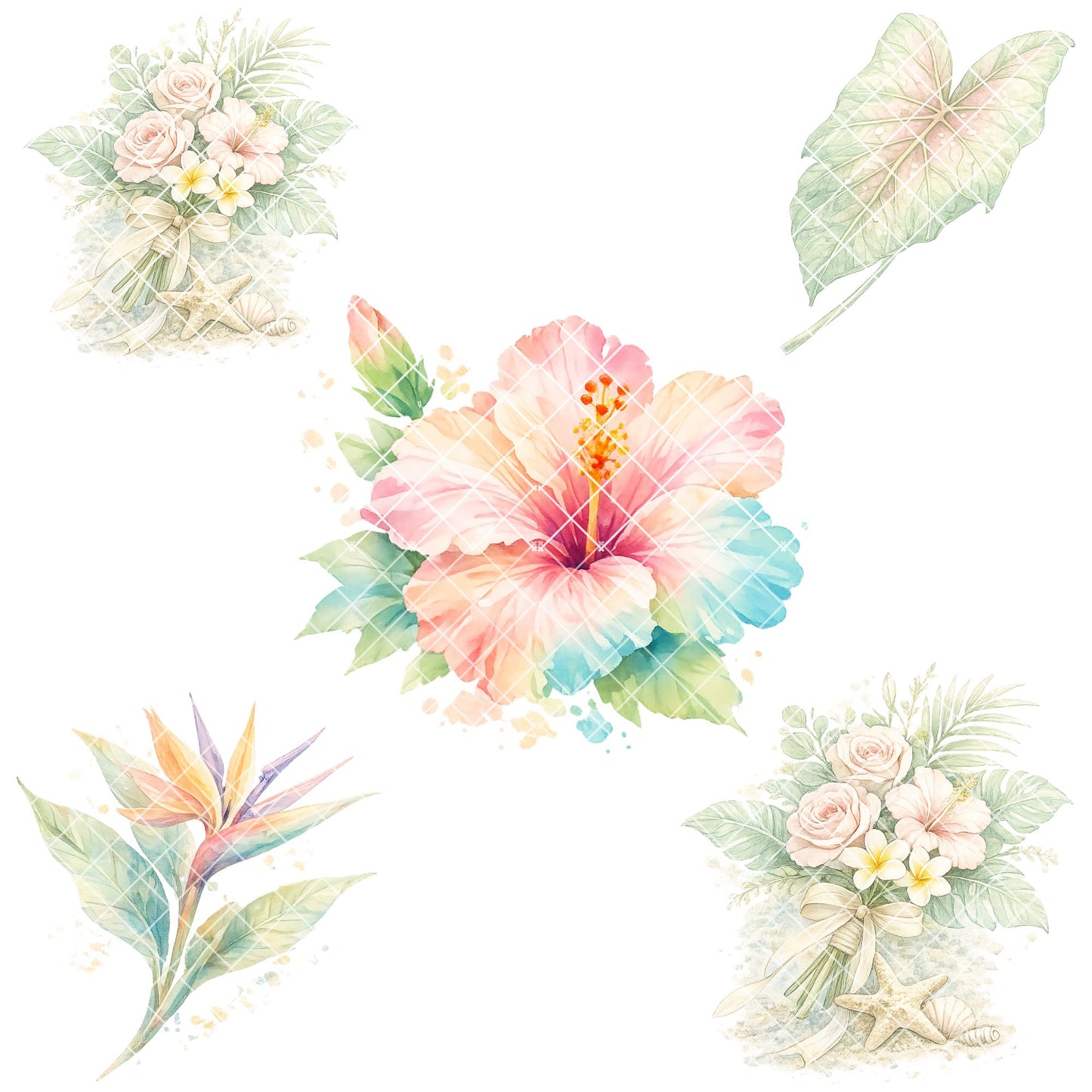 Tropical Watercolor Flower Clipart – 55 Pastel Floral PNG Files – Hibiscus, Lotus & Tropical Leaves Graphics