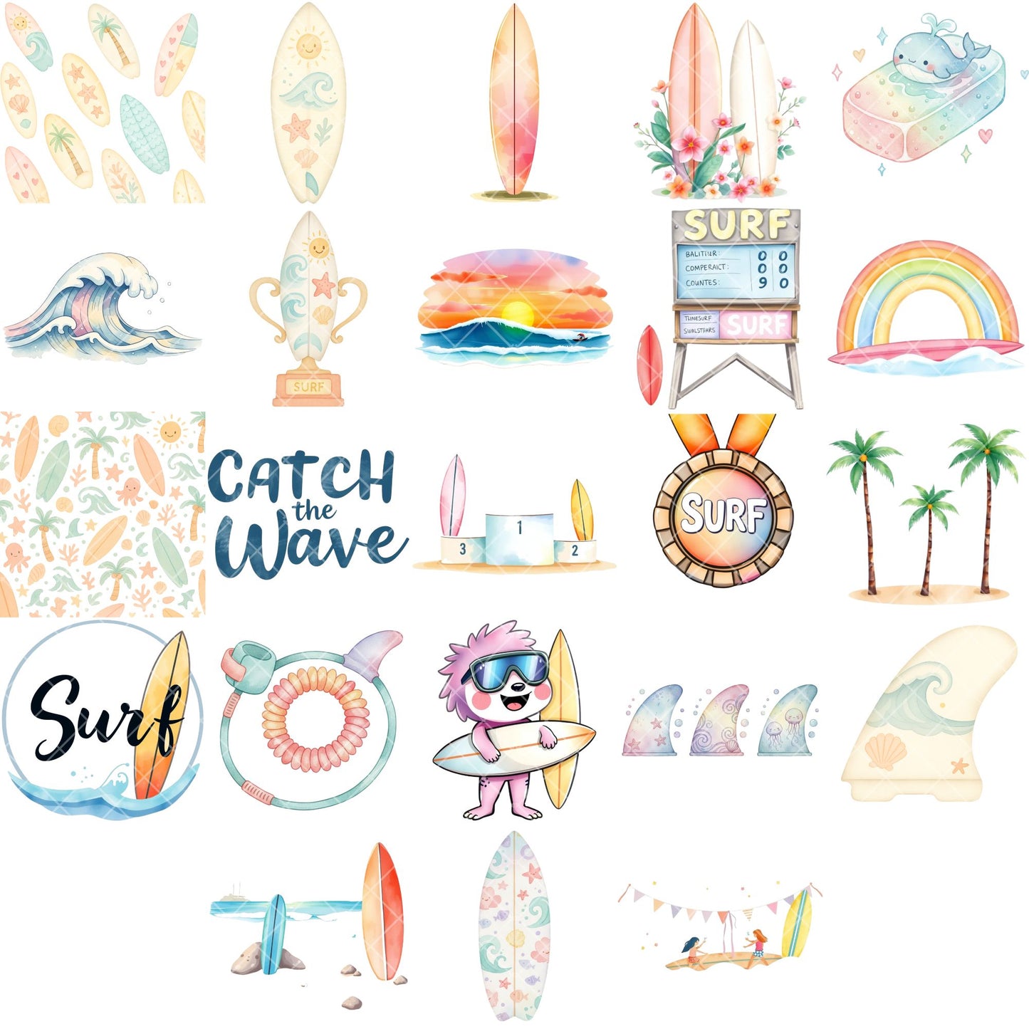 Surfing Watercolor Clipart – 55 Beach PNG Bundle – Surfers, Surfboards, Ocean Waves & Summer Coastal Graphics