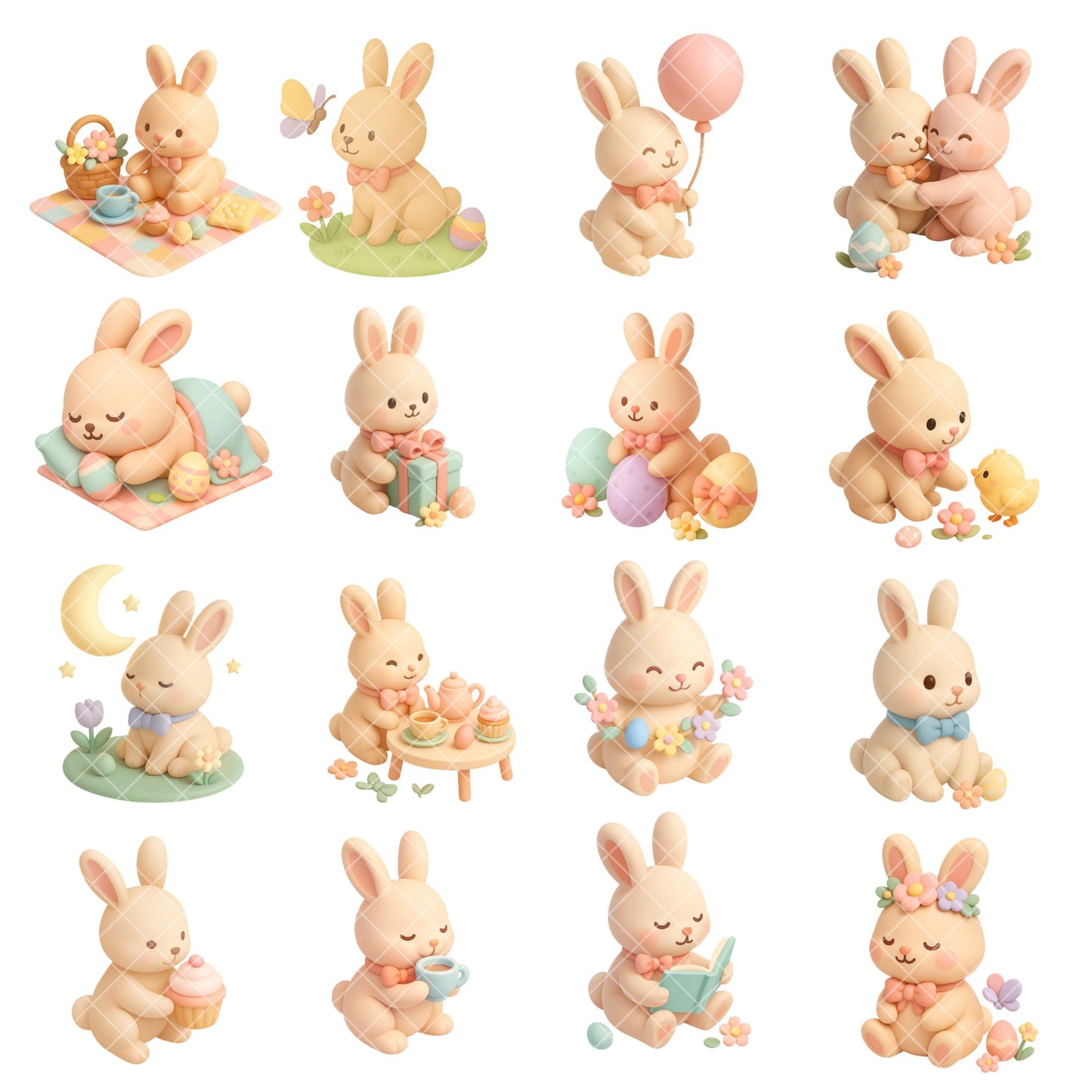 Pastel Easter Bunny Clipart Bundle – Kawaii Rabbit & Chick PNG, Cute Spring Animals, 3D Bunny Clipart, 51 PNG