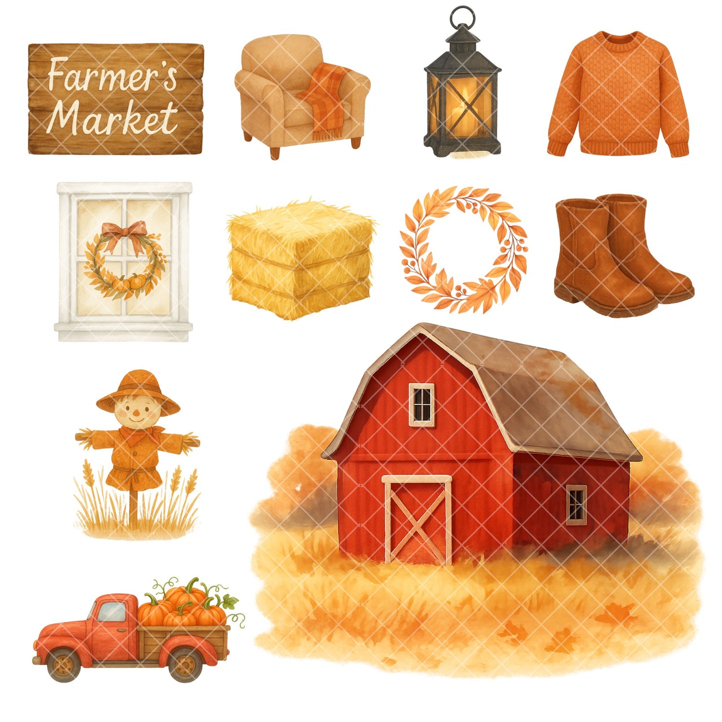Watercolor Autumn Harvest PNG Bundle – Fall Farm Clipart, Rustic Pumpkin & Thanksgiving Art (56 Files)