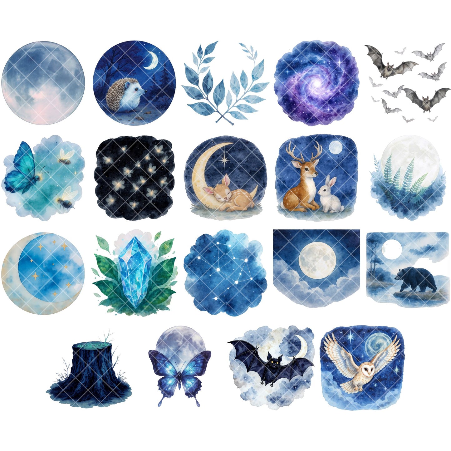 Night Forest Animals Watercolor Clipart Bundle – Nocturnal Wildlife PNG, Owl Wolf Moon Fantasy Nature Art for Nursery, Crafts & Sublimation, 51 PNG