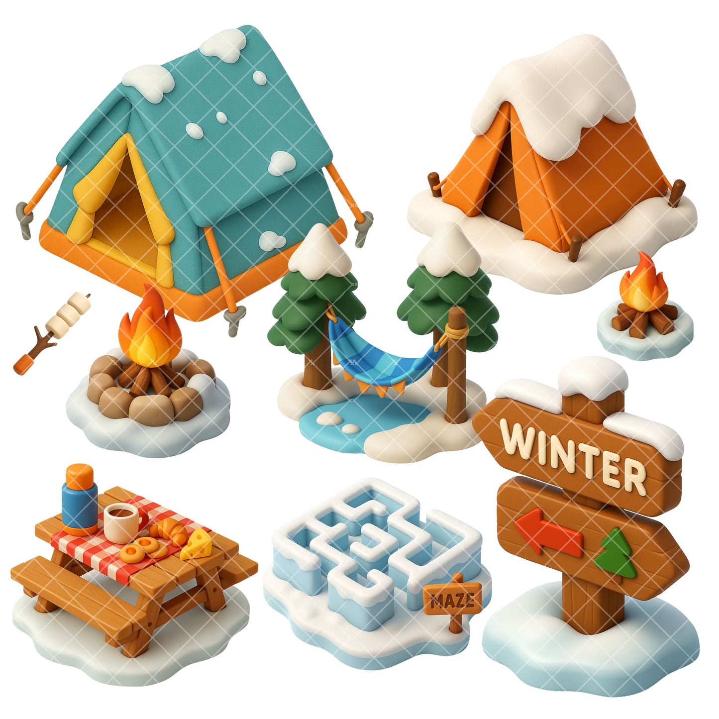 Winter Sports Clipart – 3D Snow Activities PNG, Kids Skiing & Ice Skating, Winter Clipart Bundle (60 Files)