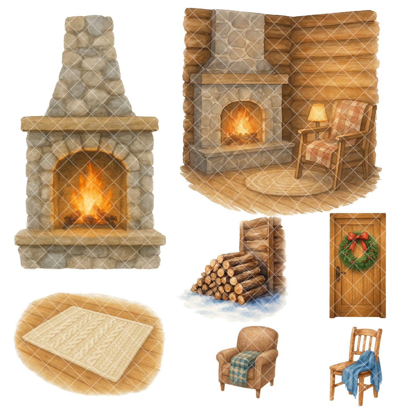 Winter Village Watercolor Clipart – Cozy Cabin Snow PNG Bundle, Rustic Christmas Winter Scenes (53 Files)