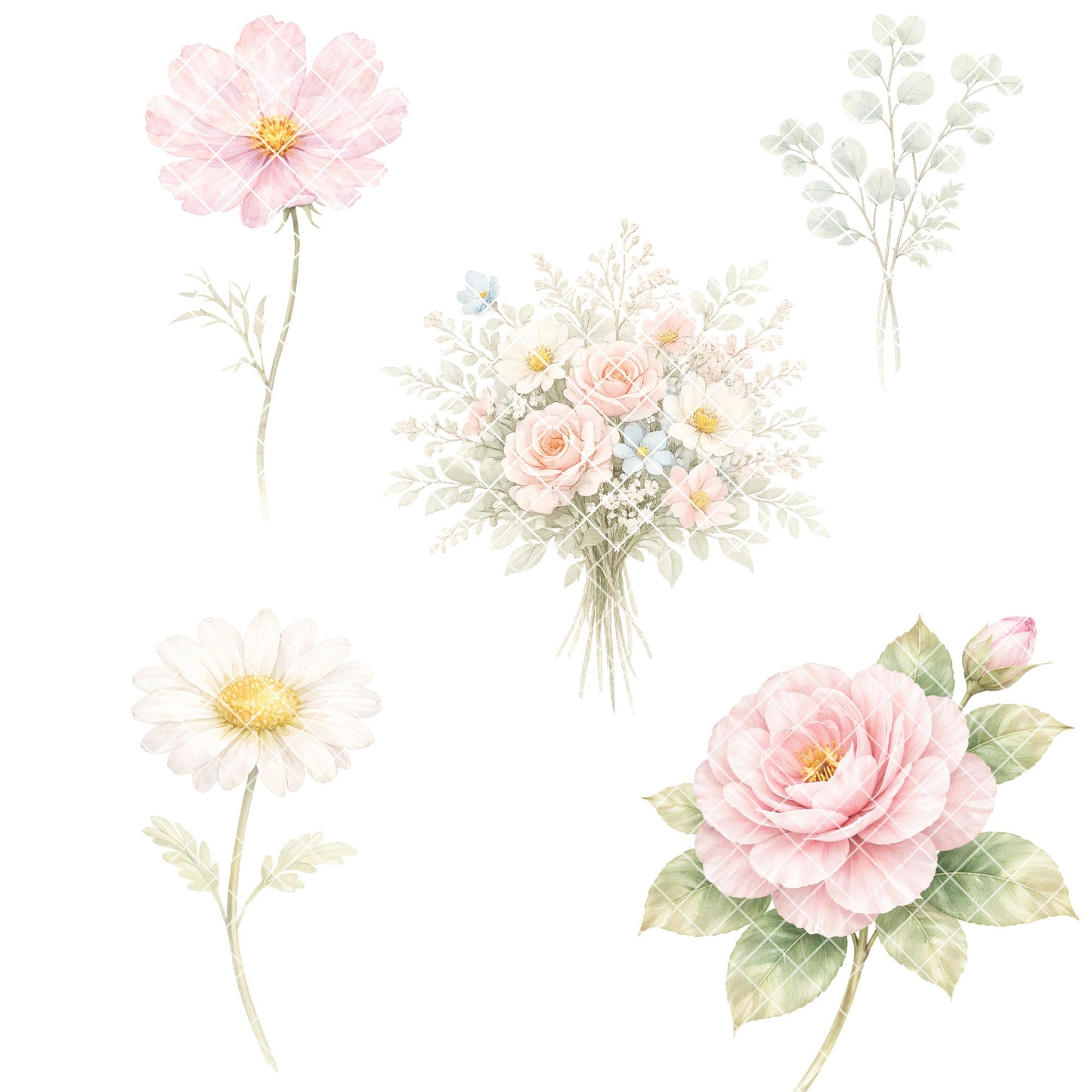 Pastel Floral Watercolor Clipart – 55 Flower PNG Files – Roses, Peonies, Tulips & Bouquet Graphics