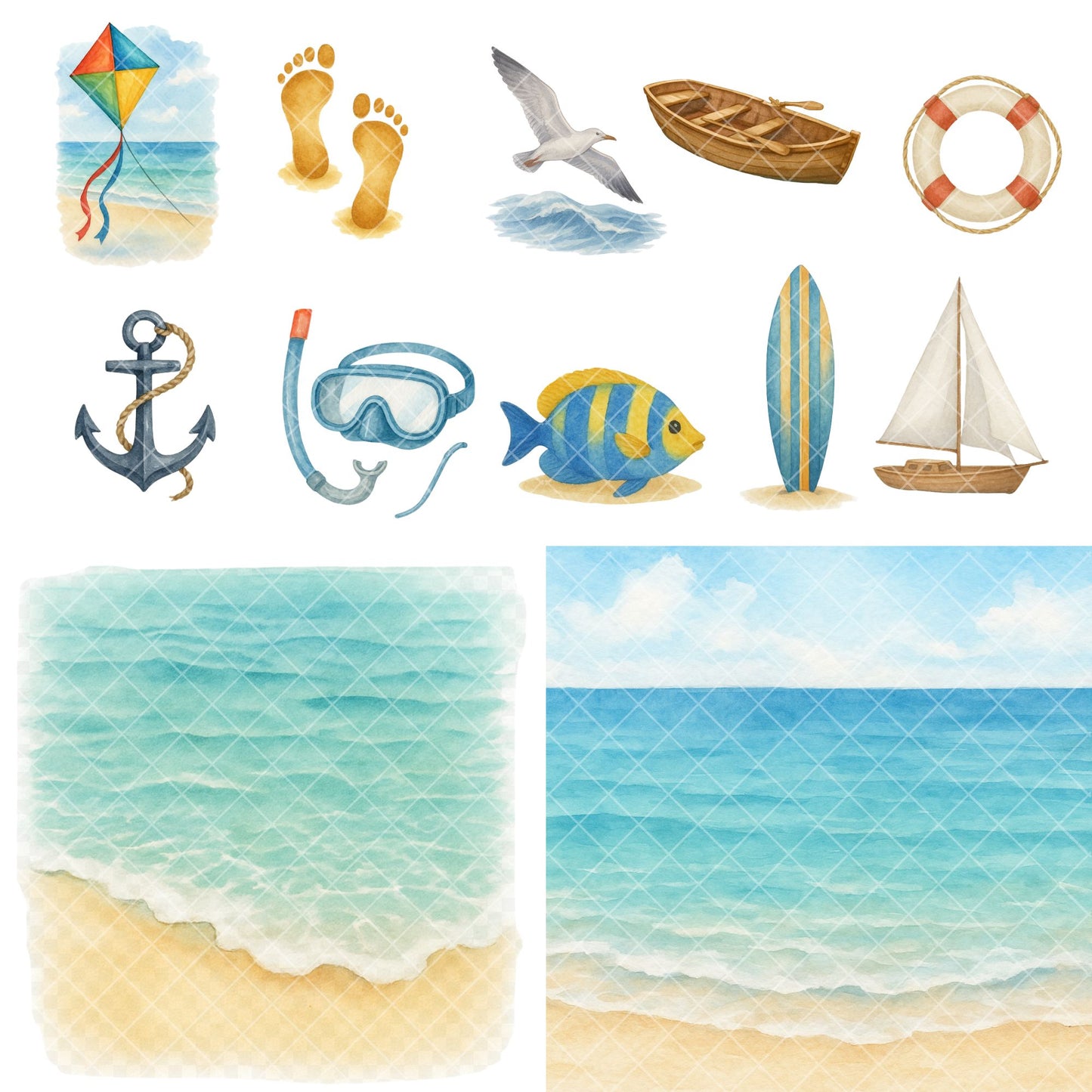 Watercolor Summer Clipart – Beach Picnic PNG Bundle, Coastal Vacation & Seaside Art (56 Files)