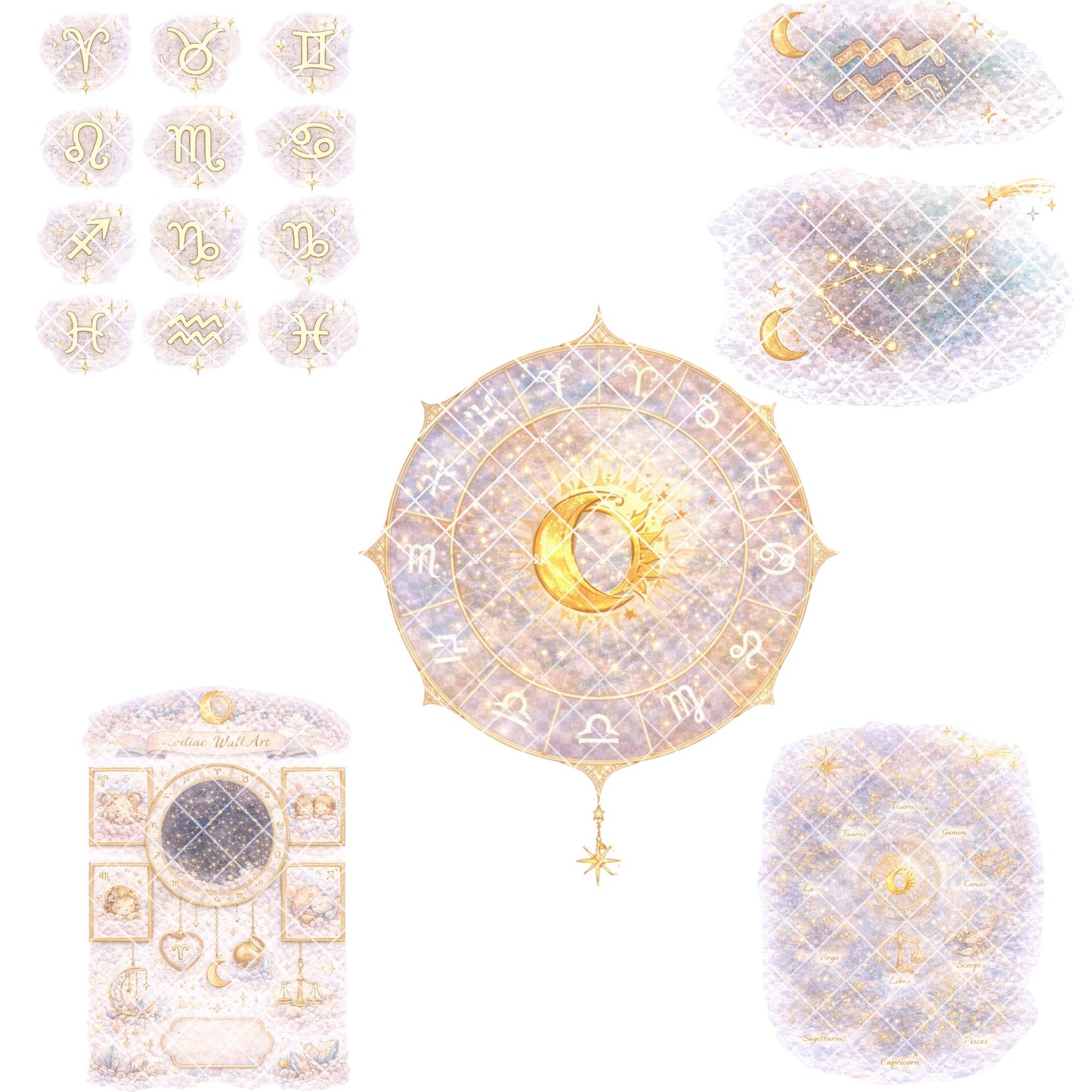 Zodiac Clipart – 55 Watercolor Astrology PNG Files – Horoscope Signs & Celestial Pastel Graphics
