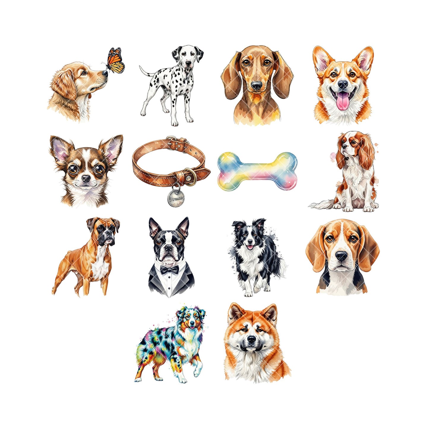 Dog Breeds Watercolor Clipart Bundle – Realistic Puppy PNG, Pet Dog Illustrations for Sublimation, Scrapbooking & Crafts, 54 PNG
