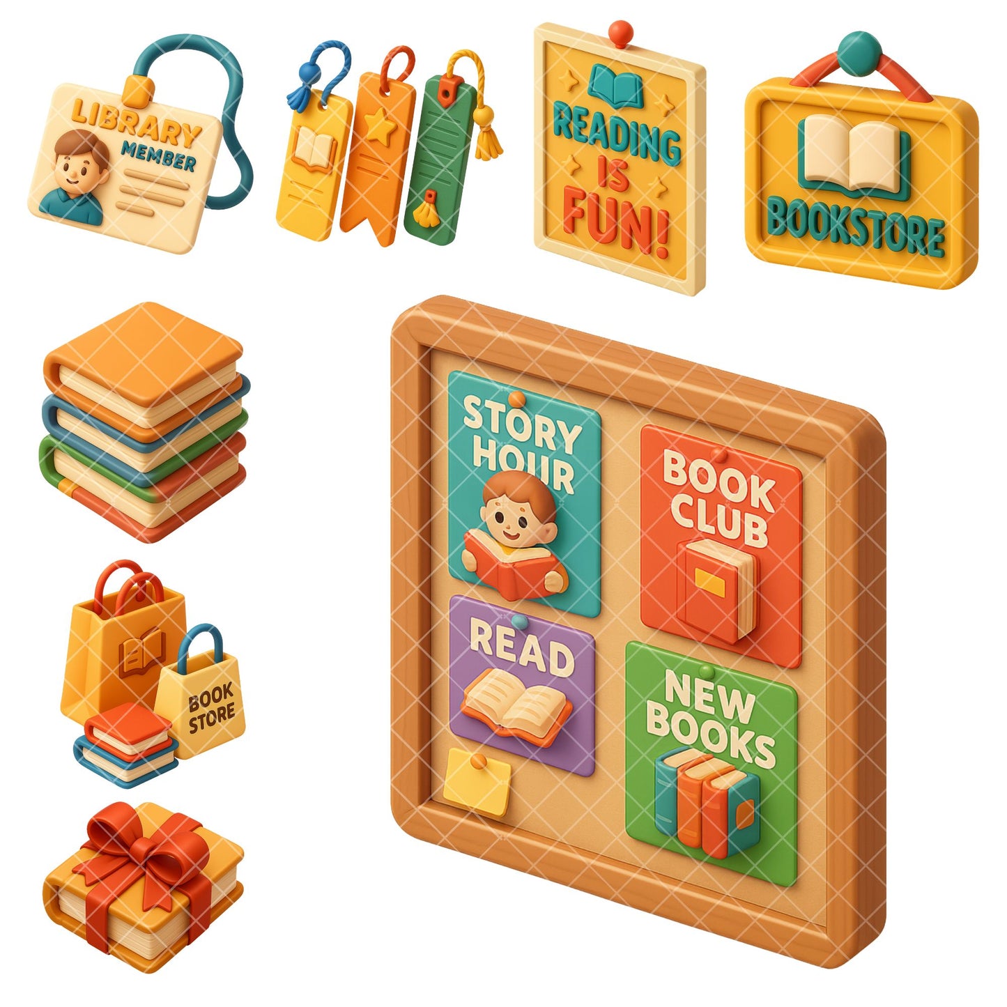 Library Bookstore Clipart – Cozy Reading PNG Set, Books & Bookshelves, Classroom & Teacher Graphics (62 Files)