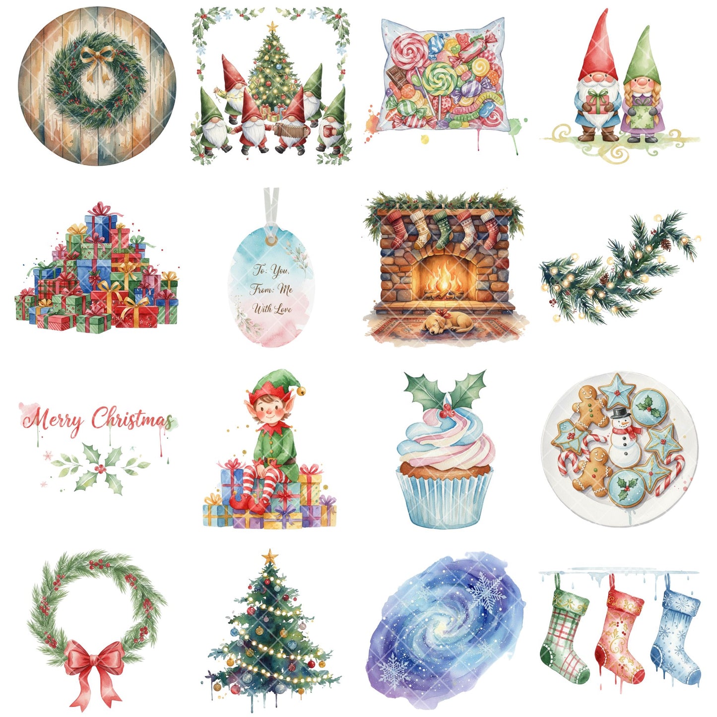 Christmas Gnome Village Watercolor Clipart Bundle – Cozy Winter Holiday PNG, Gnomes, Cabins & Gifts for Cards, Sublimation & Crafts, 54 PNG