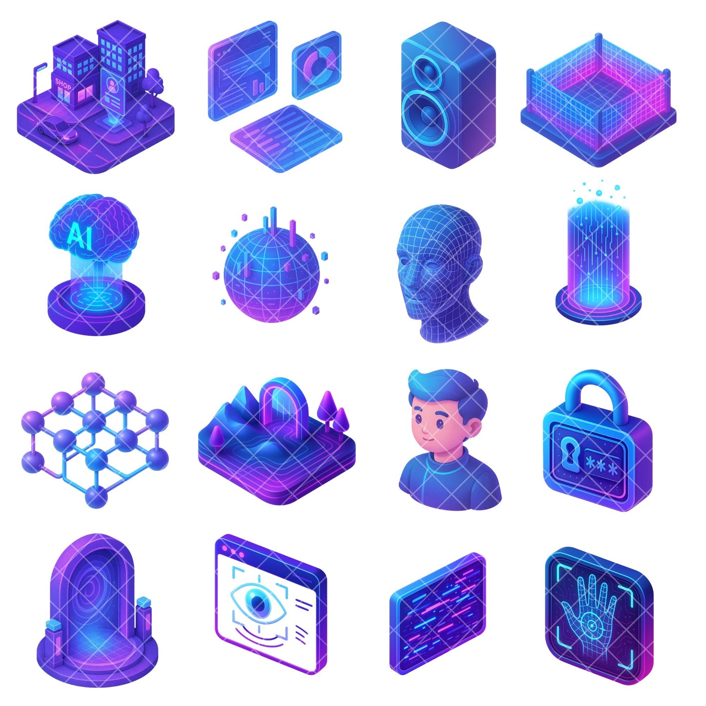 Virtual Reality AI Clipart PNG | Futuristic Tech Icons | Metaverse VR Graphics | 3D Neon AI Illustrations | Commercial Use