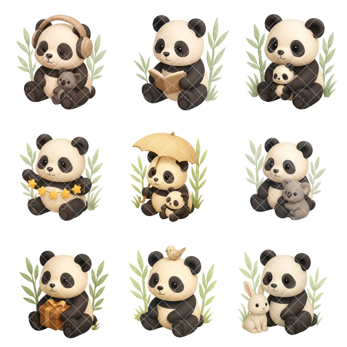 Cute Panda Clipart Bundle – 3D Isometric Panda PNG, Kawaii Animal Stickers, Planner & Sublimation Graphics, 50 PNG