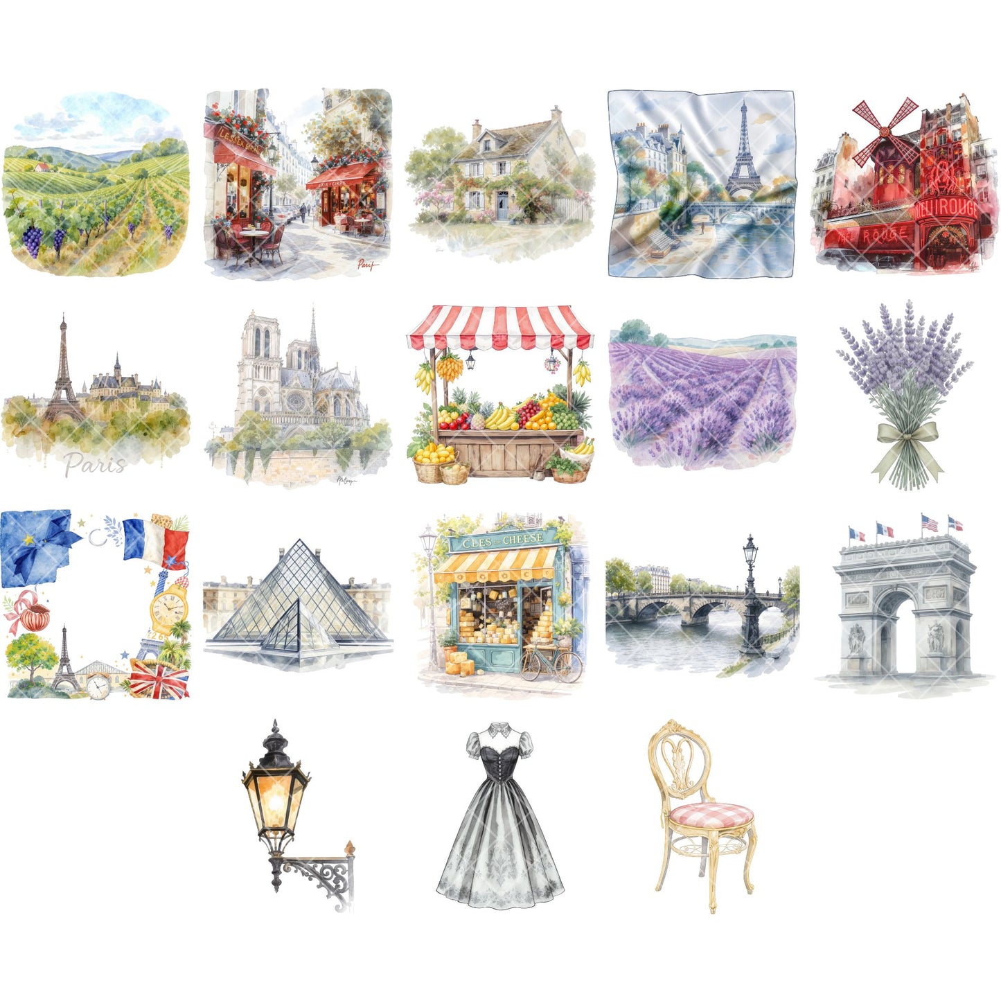 France Watercolor Clipart Bundle – Paris Culture PNG, Eiffel Tower, French Food & Landmarks for Journals, Crafts & Branding, 50 PNG