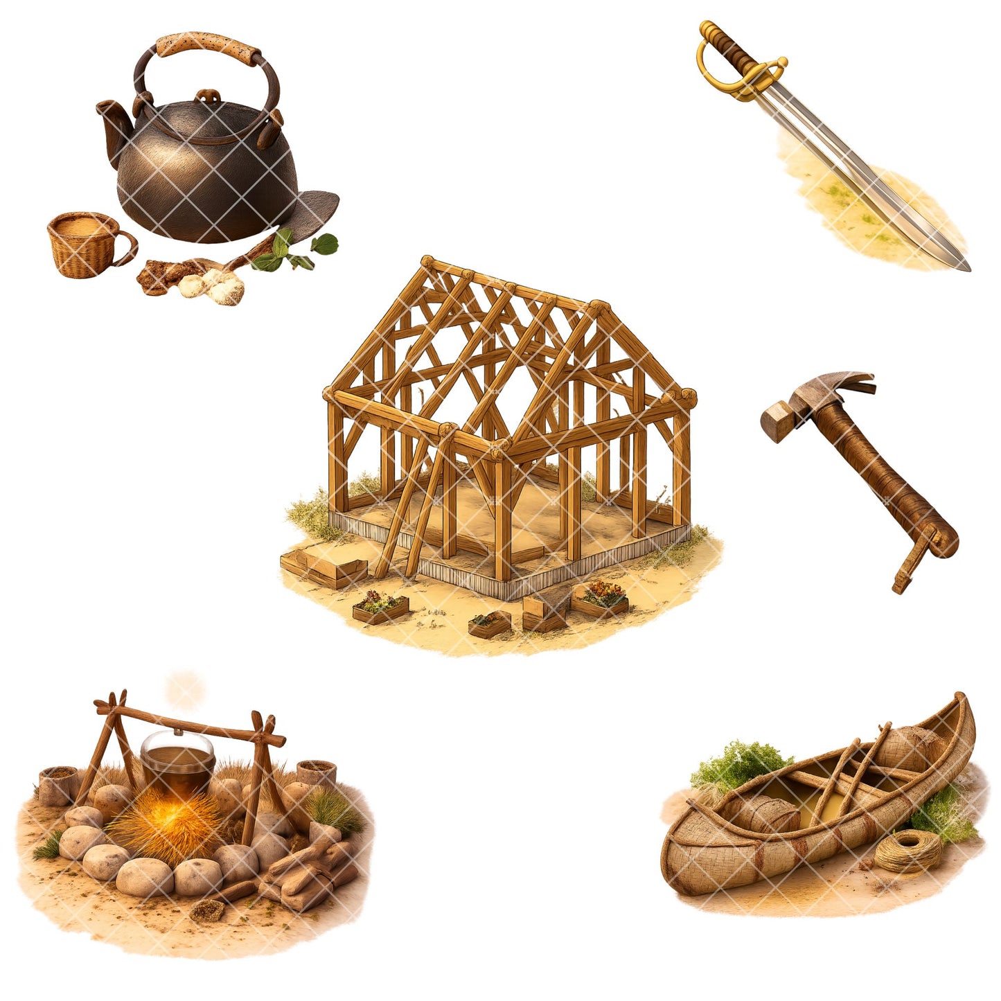 Jamestown Settlement Clipart – 50 Colonial America PNG Files – Pilgrim Village, Fort & Early Colony Graphics