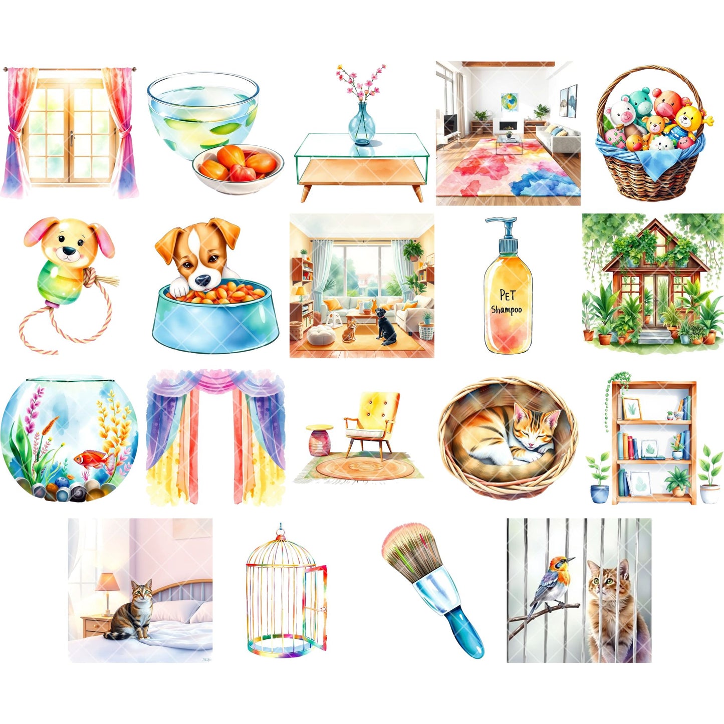 Home Pets Watercolor Clipart – 51 Pet PNG Bundle – Dogs, Cats, Bunnies & Fish for Nursery, Gifts & Sublimation