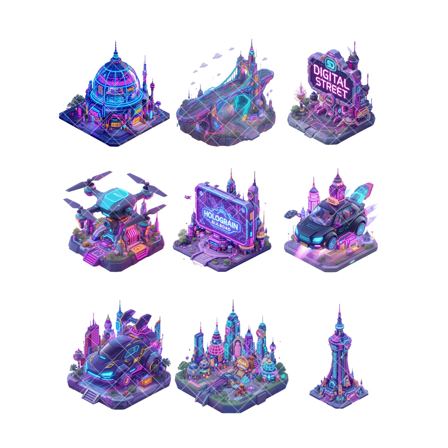 Cyberpunk City PNG Bundle – 60 Neon Sci-Fi Metropolis Clipart for Game Design & Digital Art