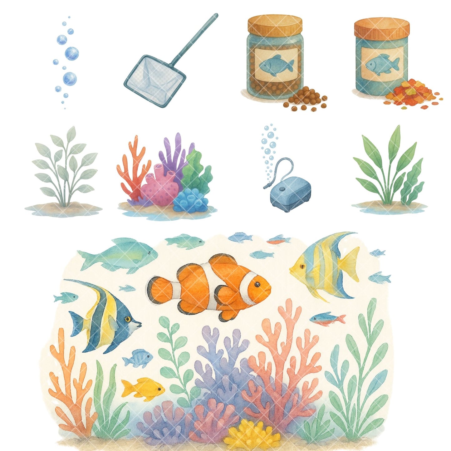 Watercolor Aquarium Clipart Bundle – Fish & Tank PNG, Under the Sea Animals, Kids Ocean Graphics, Educational Fish Art, 51 PNG