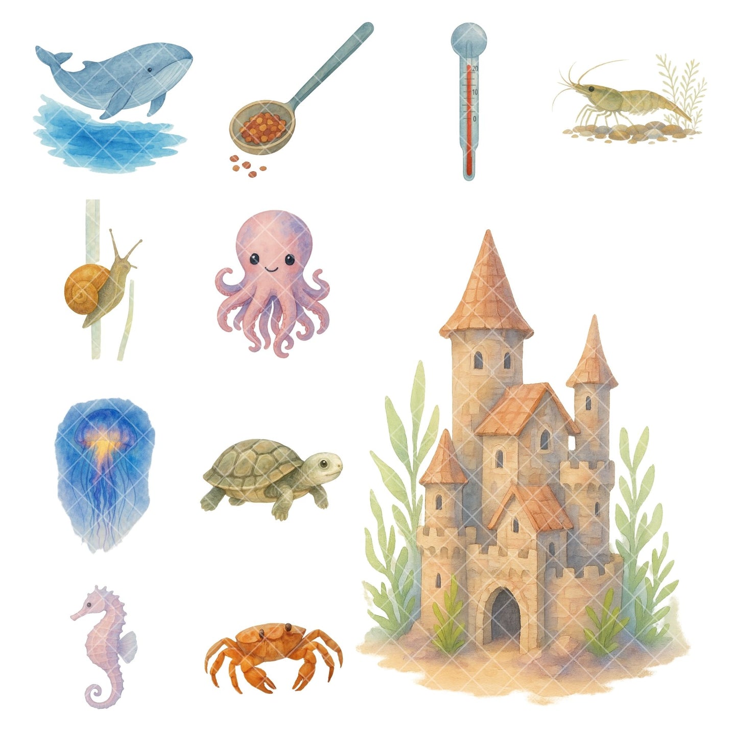 Watercolor Aquarium Clipart Bundle – Fish & Tank PNG, Under the Sea Animals, Kids Ocean Graphics, Educational Fish Art, 51 PNG