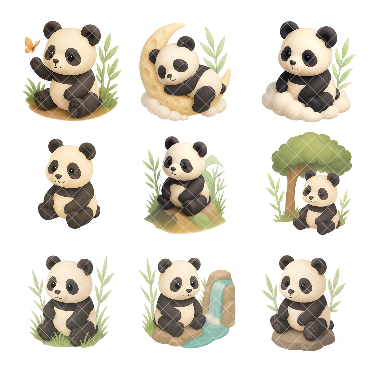 Cute Panda Clipart Bundle – 3D Isometric Panda PNG, Kawaii Animal Stickers, Planner & Sublimation Graphics, 50 PNG