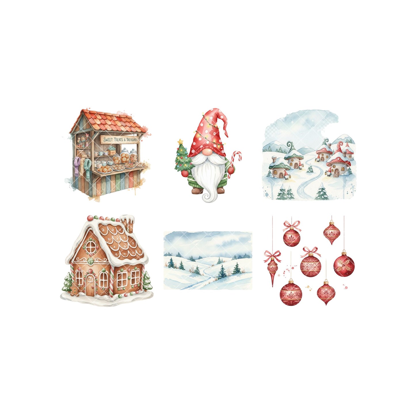 Christmas Gnome Village Watercolor Clipart Bundle – Cozy Winter Holiday PNG, Gnomes, Cabins & Gifts for Cards, Sublimation & Crafts, 54 PNG