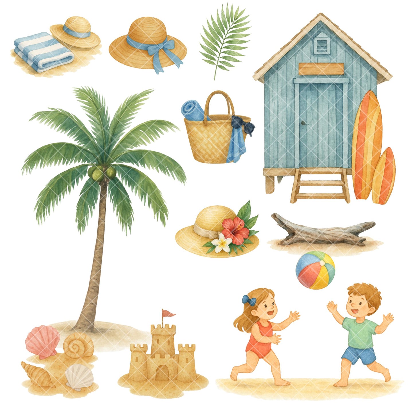 Watercolor Summer Clipart – Beach Picnic PNG Bundle, Coastal Vacation & Seaside Art (56 Files)
