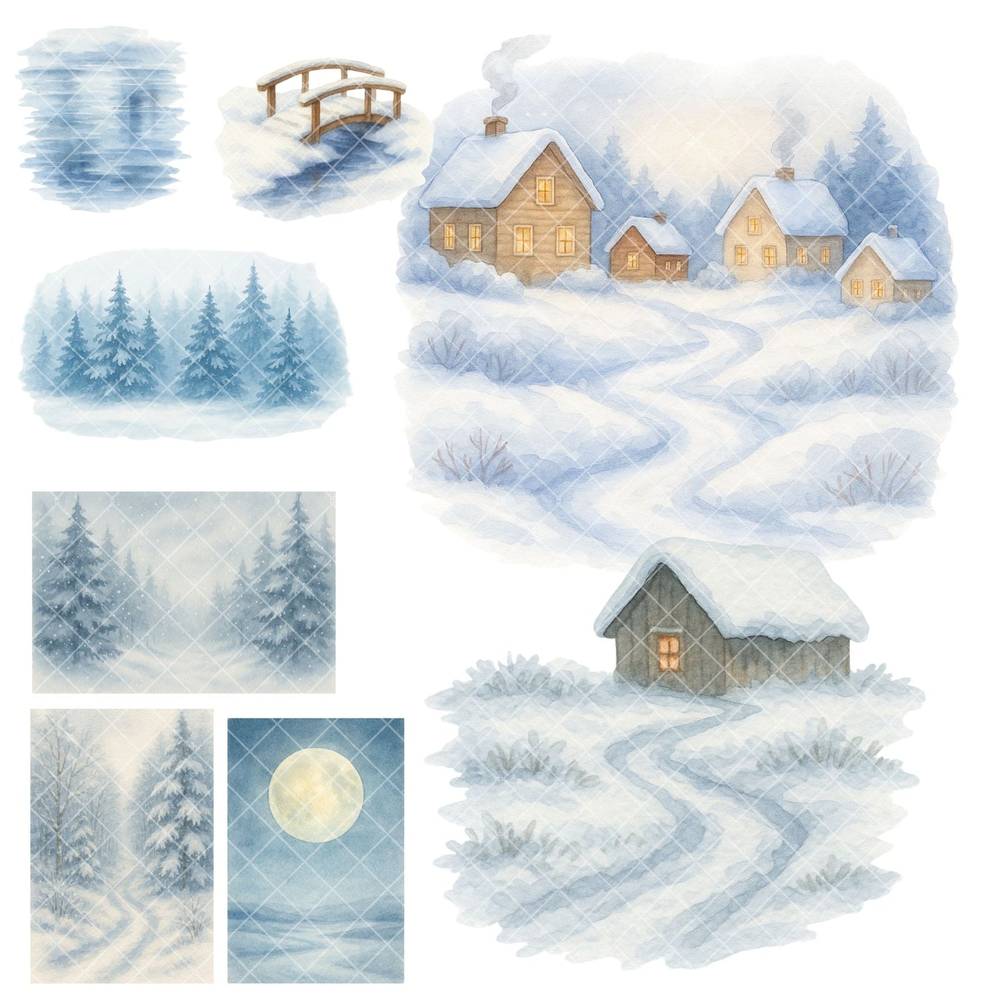 Winter Village Watercolor Clipart – Cozy Cabin Snow PNG Bundle, Rustic Christmas Winter Scenes (53 Files)