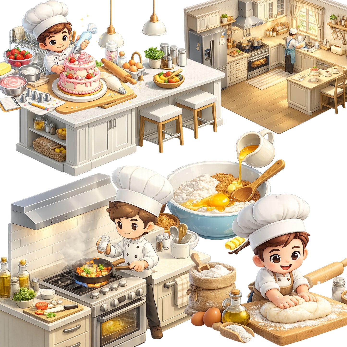 Chef Clipart Bundle – 3D Isometric Cooking PNGs (47 Files) – Cute Kitchen Graphics, Baking & Recipe Design
