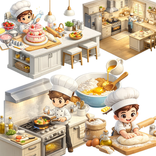 Chef Clipart Bundle – 3D Isometric Cooking PNGs (47 Files) – Cute Kitchen Graphics, Baking & Recipe Design