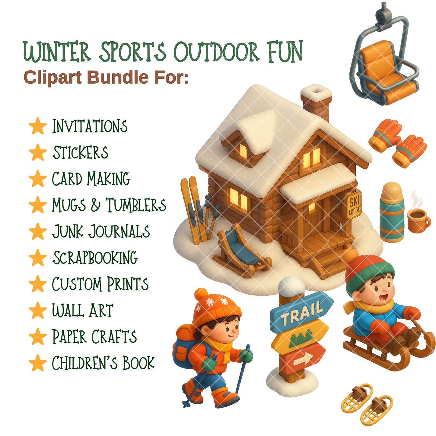 Winter Sports Clipart – 60 3D PNGs | Skiing, Snowboarding, Sledding, Cozy Winter Fun Graphics