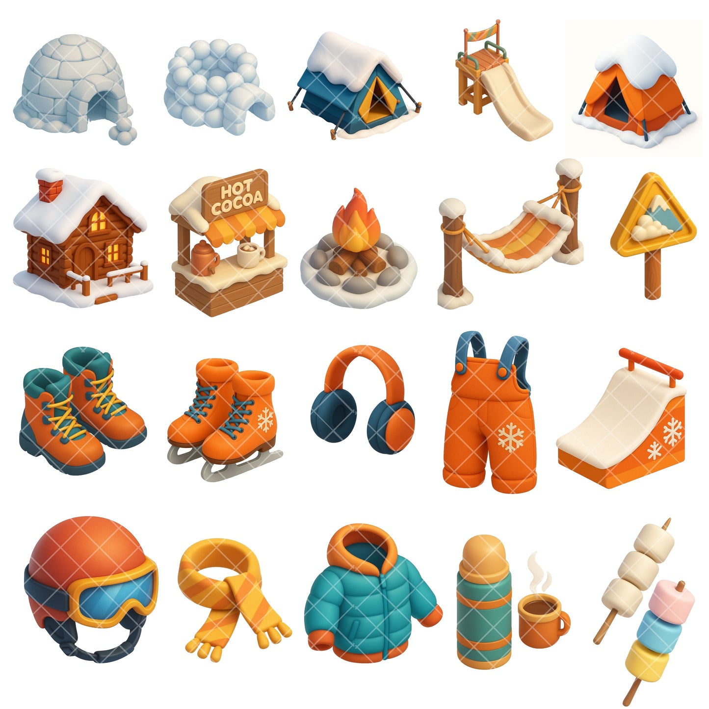 Winter Sports Clipart – 60 3D PNGs | Skiing, Snowboarding, Sledding, Cozy Winter Fun Graphics