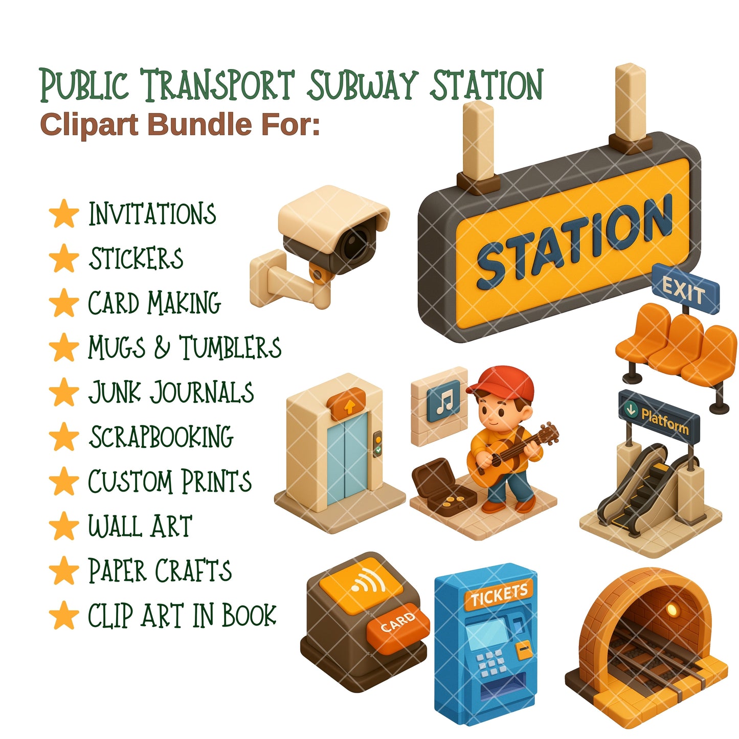 Subway Station Clipart Bundle – 3D Isometric City Transport PNG, Public Transit Graphics, Urban Train Station Icons, 65 PNG