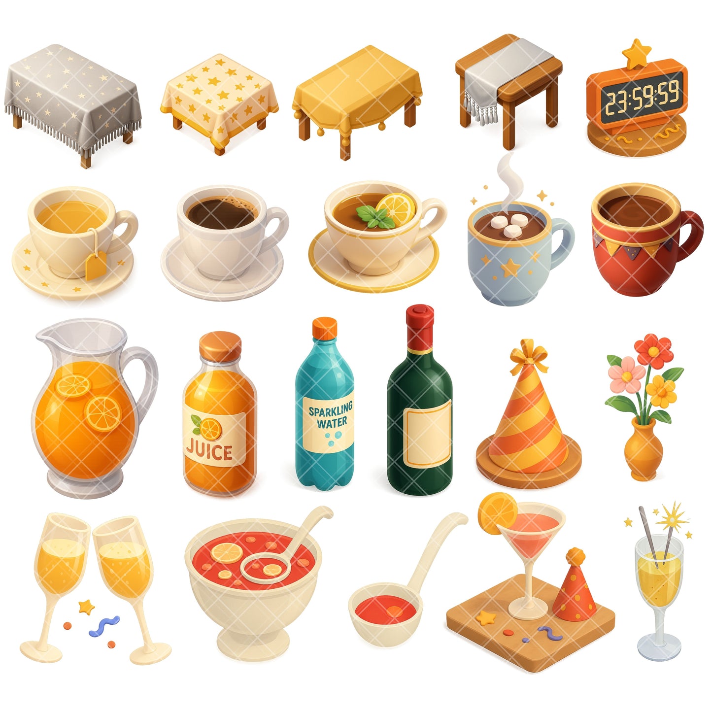 New Year’s 3D Clipart Bundle – Party Drinks, Food & Celebration PNG (65 Files)