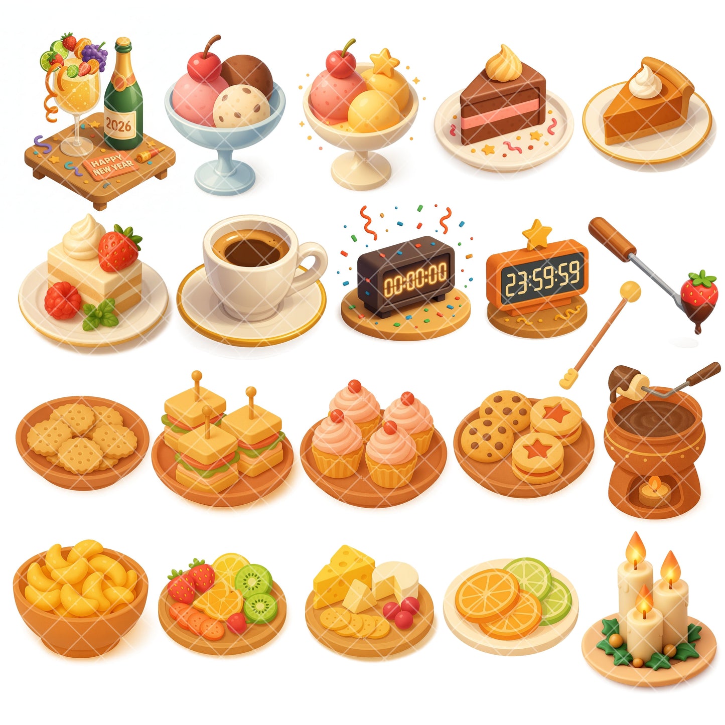 New Year’s 3D Clipart Bundle – Party Drinks, Food & Celebration PNG (65 Files)