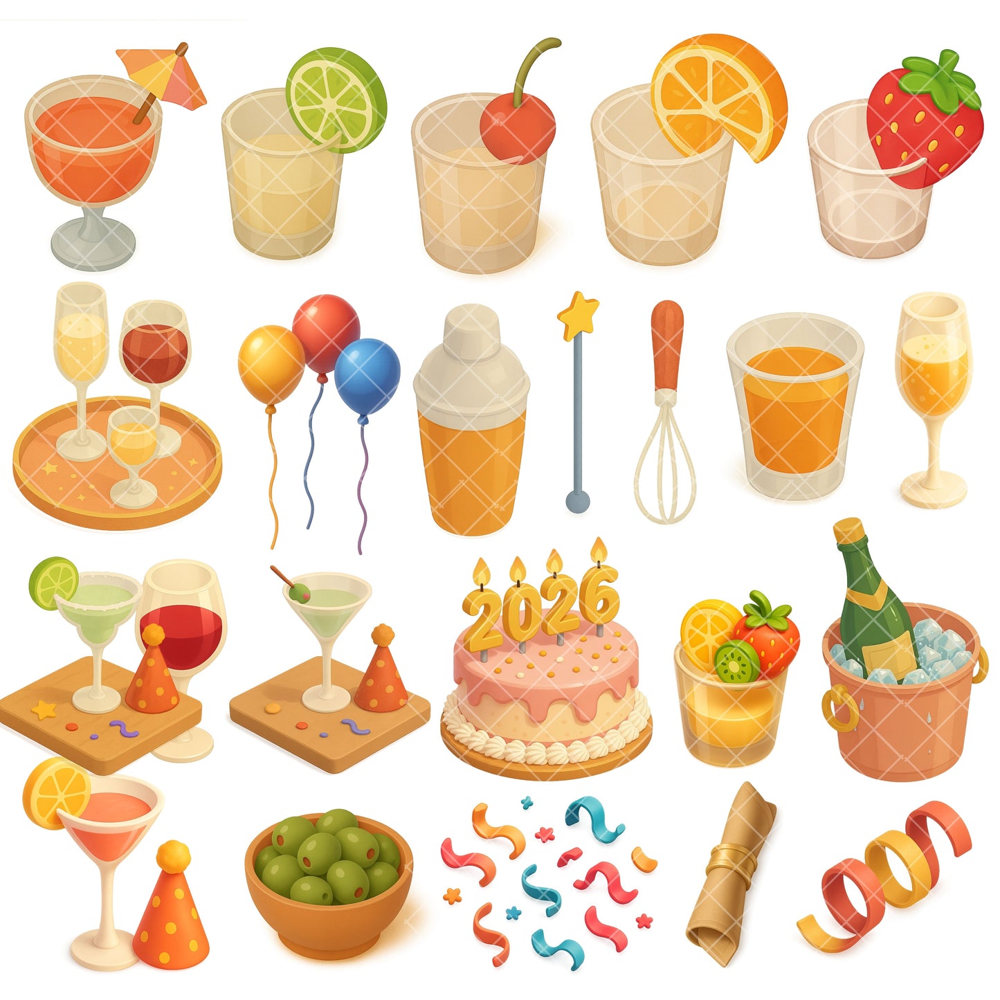 New Year’s 3D Clipart Bundle – Party Drinks, Food & Celebration PNG (65 Files)