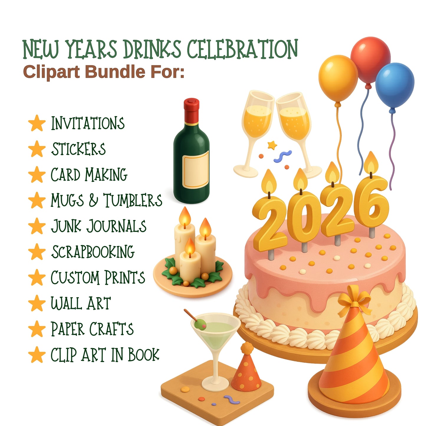 New Year’s 3D Clipart Bundle – Party Drinks, Food & Celebration PNG (65 Files)