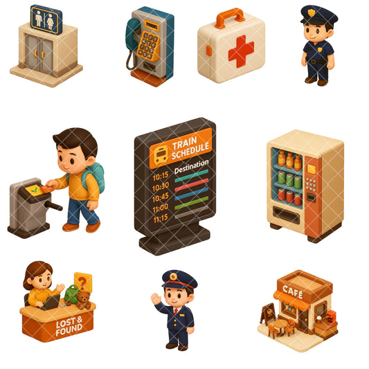 Subway Station Clipart Bundle – 3D Isometric City Transport PNG, Public Transit Graphics, Urban Train Station Icons, 65 PNG