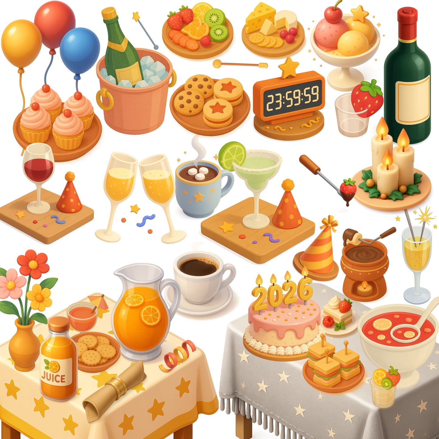 New Year’s 3D Clipart Bundle – Party Drinks, Food & Celebration PNG (65 Files)