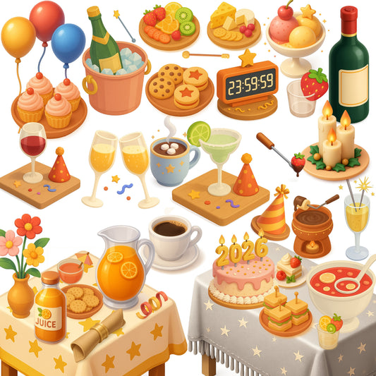 New Year’s 3D Clipart Bundle – Party Drinks, Food & Celebration PNG (65 Files)
