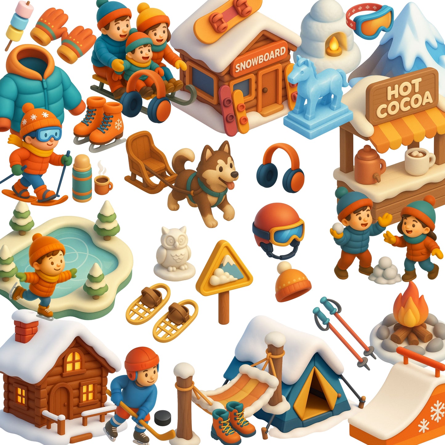 Winter Sports Clipart – 60 3D PNGs | Skiing, Snowboarding, Sledding, Cozy Winter Fun Graphics