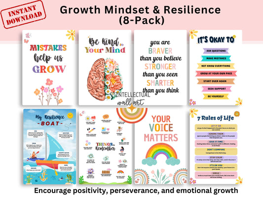 Growth Mindset and Resilience Posters – Printable Mental Health Decor for Kids