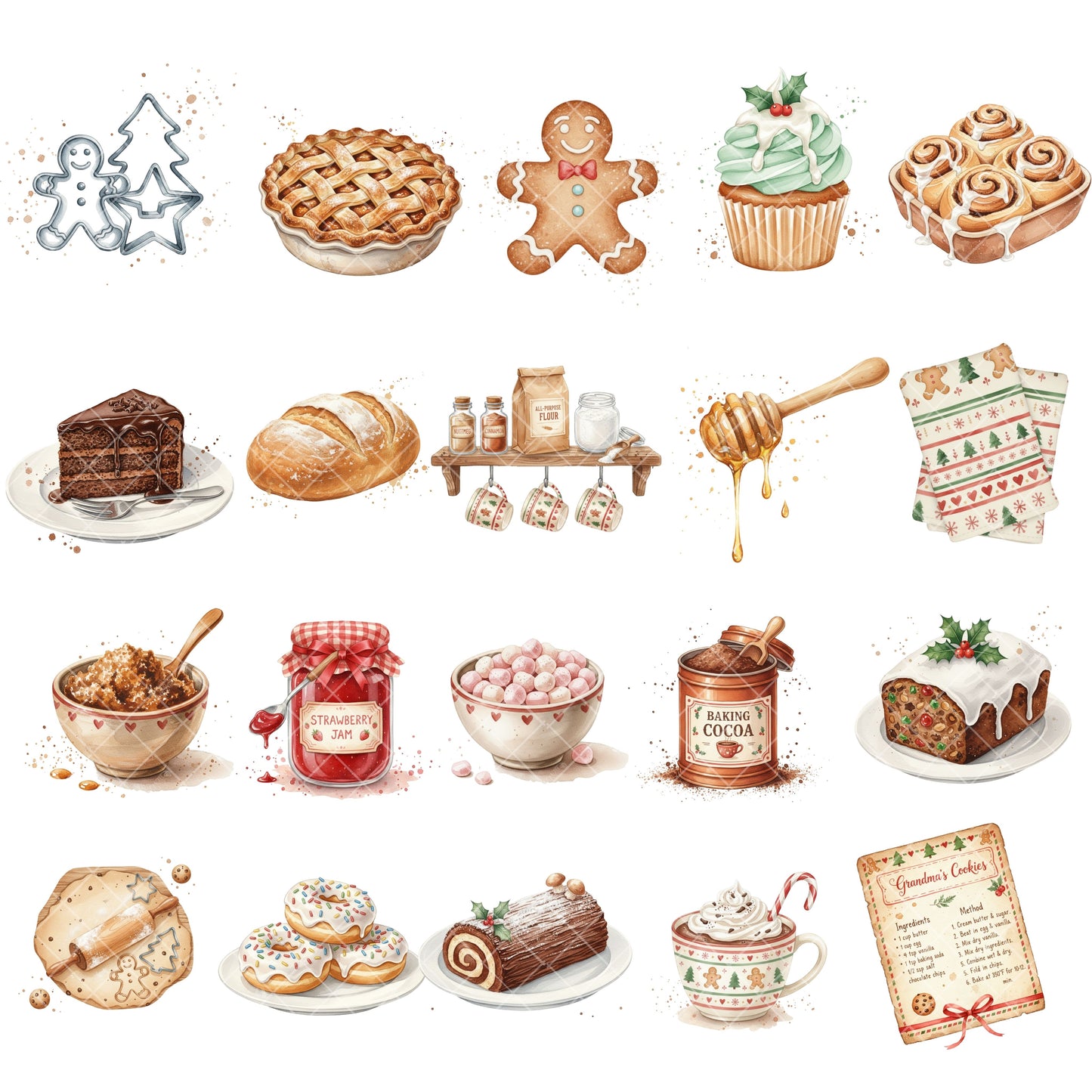 Christmas Baking Clipart – 56 PNG Watercolor Holiday Desserts & Kitchen Graphics | Gingerbread, Cookies, Cakes