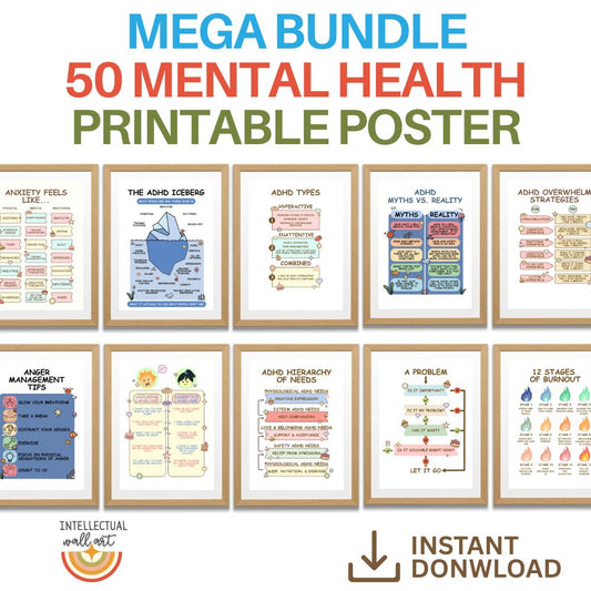 50 Mental Health & ADHD Printable Posters – Therapy Tools, Coping Skills, CBT Visuals, SEL, Anxiety, Boundaries, Burnout & More